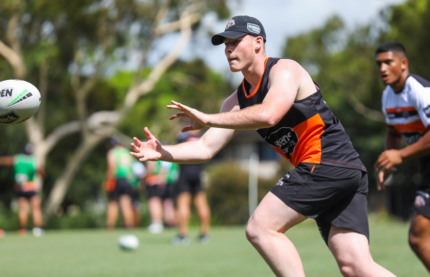 Wests Tigers local junior Henry O'Kane training with the senior team in 2020.