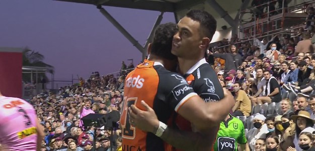 The Wests Tigers keep the ball alive for Maumalo to score