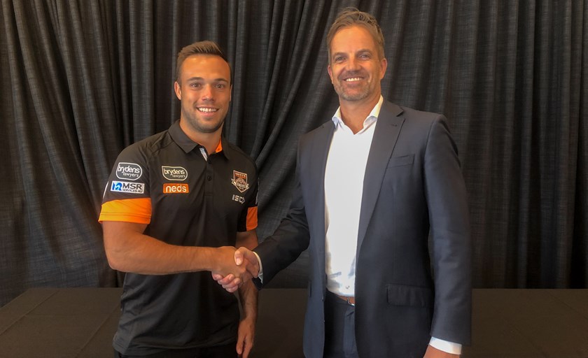 Wests Tigers halfback Luke Brooks and CEO Justin Pascoe.