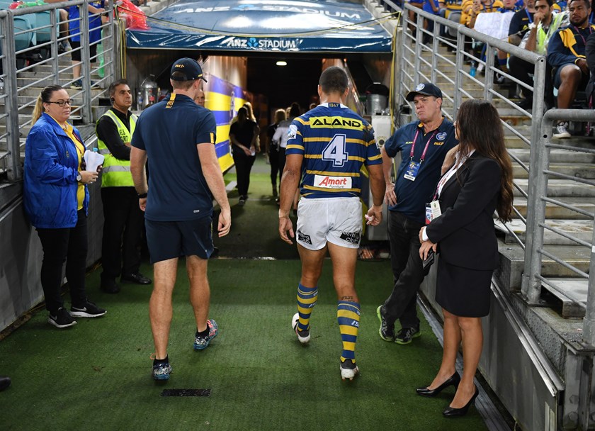 Jarryd Hayne goes off injured in Parramatta's Round 3 game against the Cronulla Sharks.