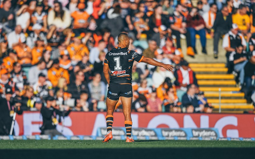 Wests Tigers fullback Moses Mbye in action at Leichhardt Oval