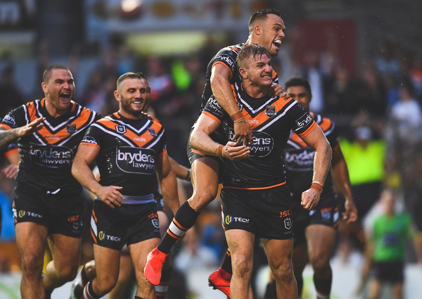 Wests Tigers forward Luke Garner celebrates a try against the Sea Eagles