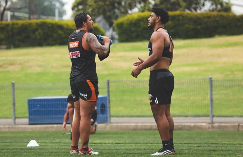 Wests Tigers forwards Josh Aloiai and Thomas Mikaele