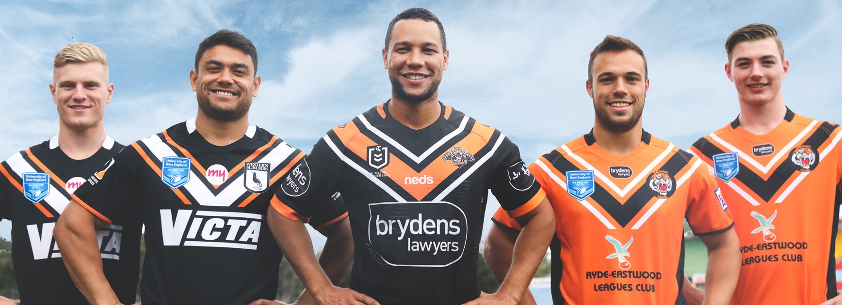 Western Suburbs juniors Cameron Lawrence and David Nofoaluma, Wests Tigers captain Moses Mbye and Balmain juniors Luke Brooks and Zane Camroux.