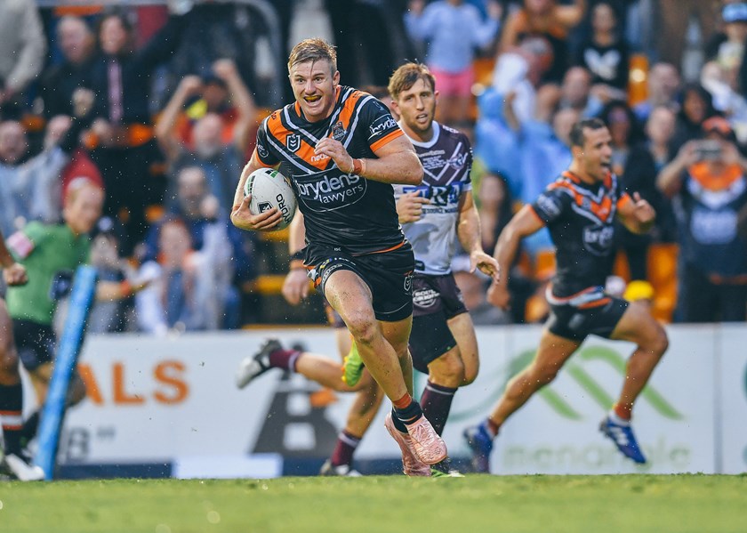 Luke Garner scores a try in Wests Tigers win over the Sea Eagles at Leichhardt Oval