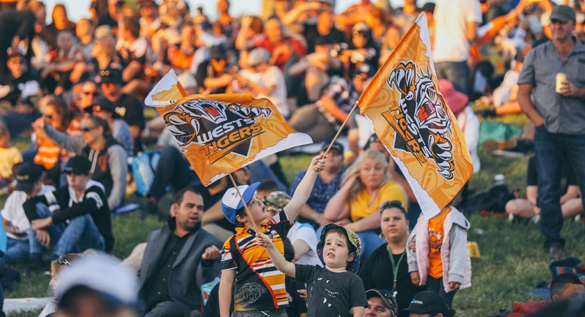 Wests Tigers fans enjoying the club's big win at Scully Park in 2019.