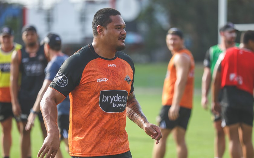 Joseph Leilua on his first day training with Wests Tigers