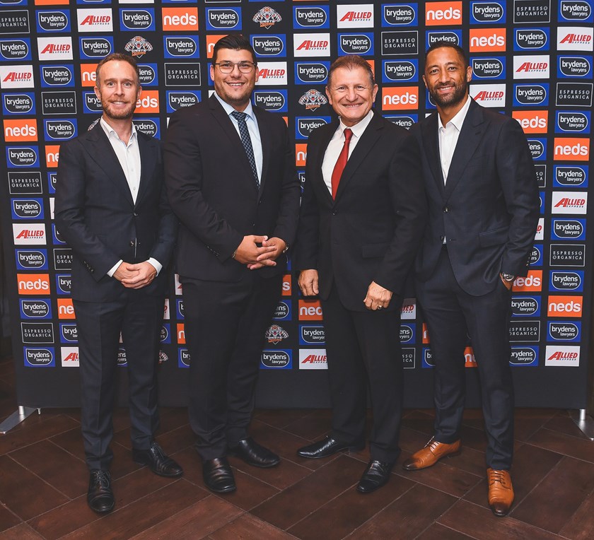 Wests Tigers Head of Corporate Partnerships Luke Matthews and captain Benji Marshall with Waterview representatives at the club's official 2020 season launch
