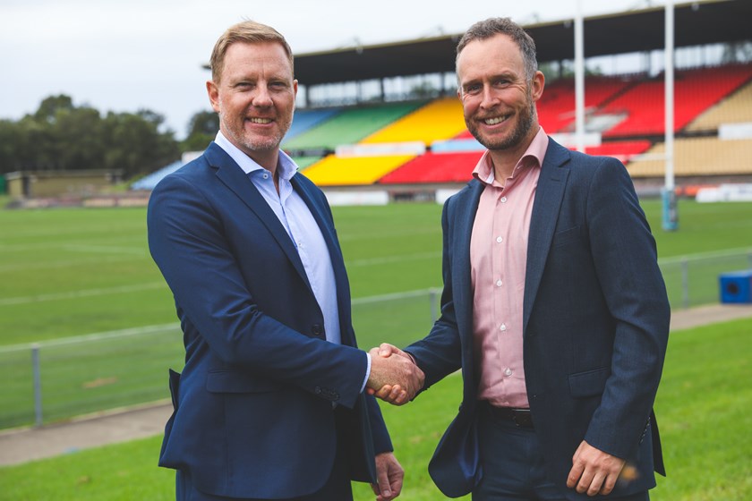 Qoin National Sponsorship Executive Michael Blackburn and Wests Tigers Head of Corporate Partnerships Luke Matthews