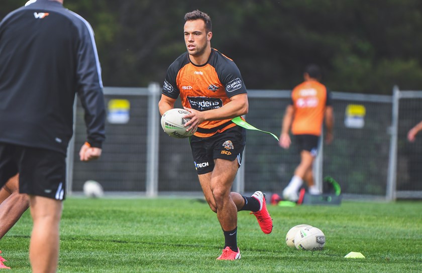 Luke Brooks in action at Wests Tigers training