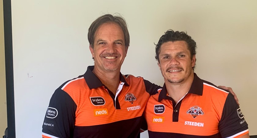 Wests Tigers CEO Justin Pascoe and new recruit James Roberts.