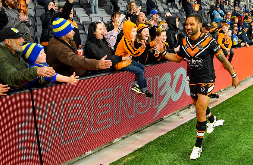 Benji Marshall celebrates his 300th game in the NRL during the 2019 season.