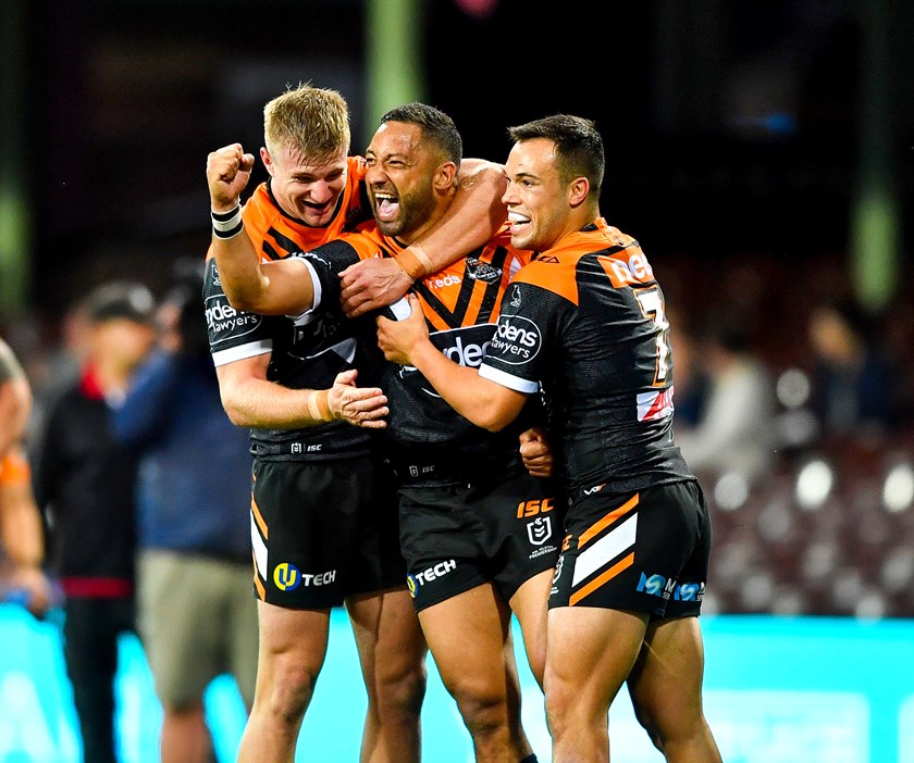 Benji Marshall celebrates a try for Wests Tigers during the 2019 season