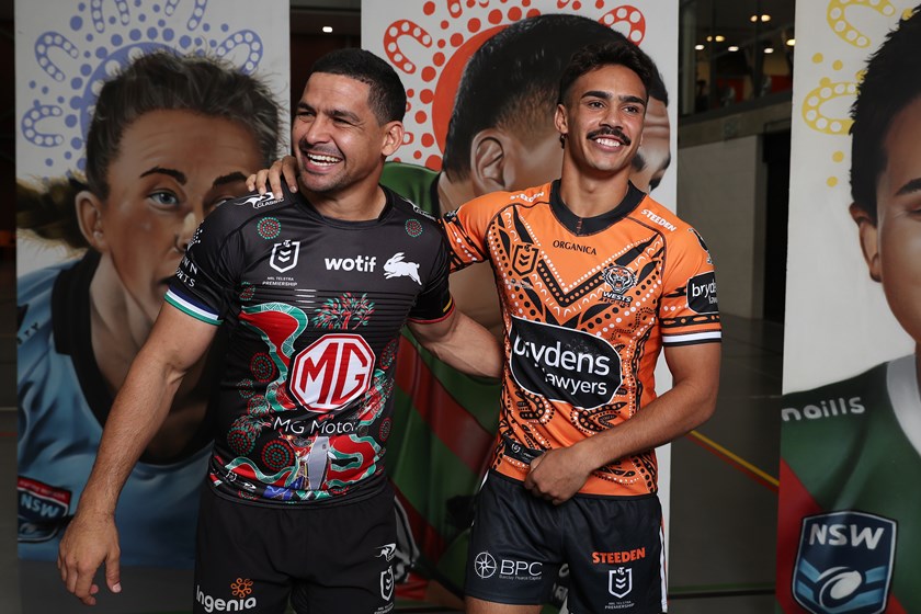 Laurie and Walker share a laugh at the NRL Indigenous Round launch