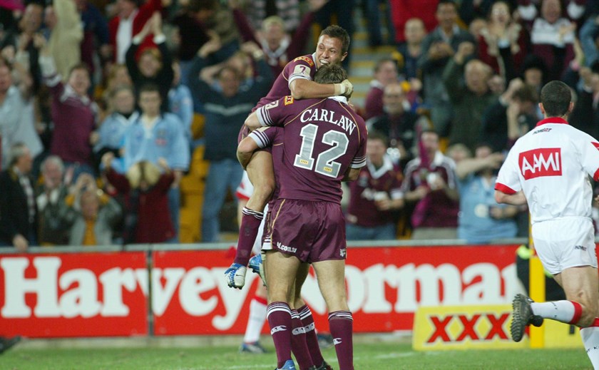 Scott Prince celebrates victory in Game 2 of the 2004 Origin series 