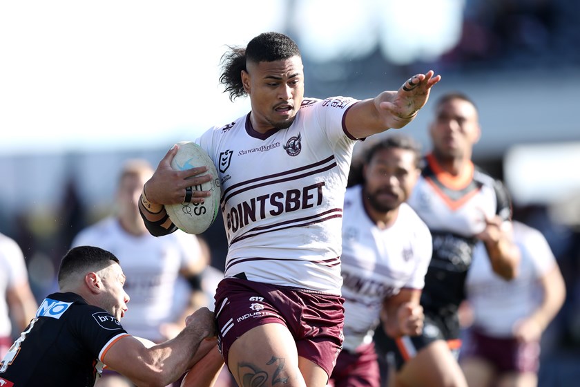 Olakau'atu scoring one of Manly's four second half tries