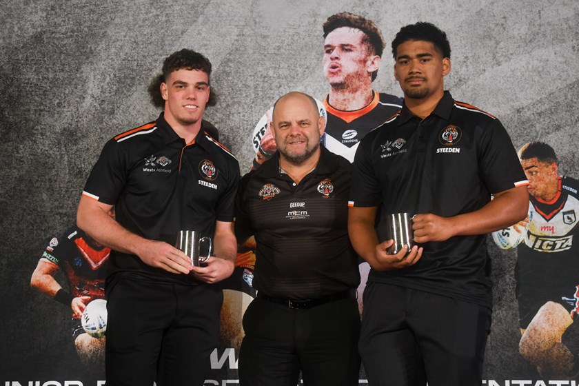 Balmain SG Ball Players' Player Finnley Neilsen and Vaka Aho with coach Gaven Sheehan