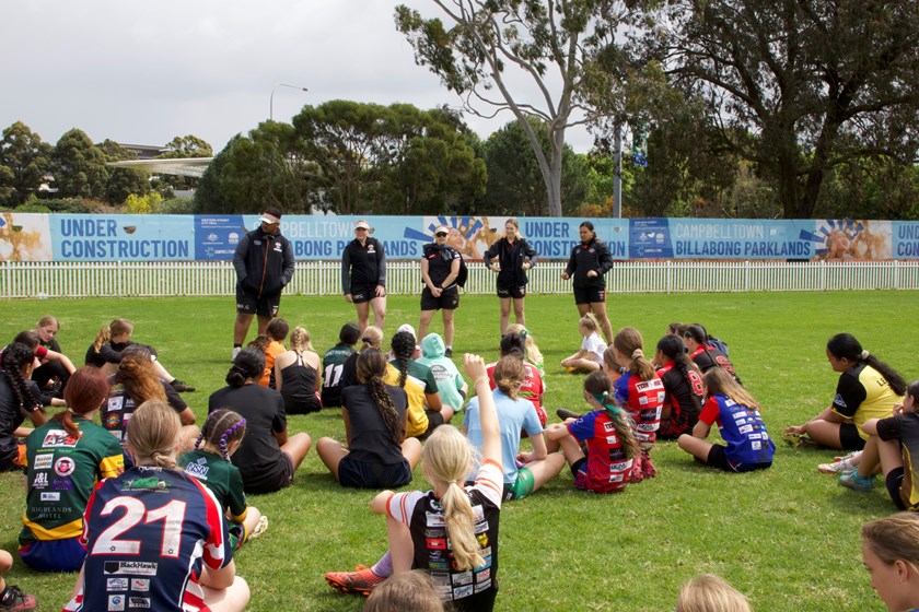Wests Tigers Women's players at recent all girls footy clinic in Bradbury