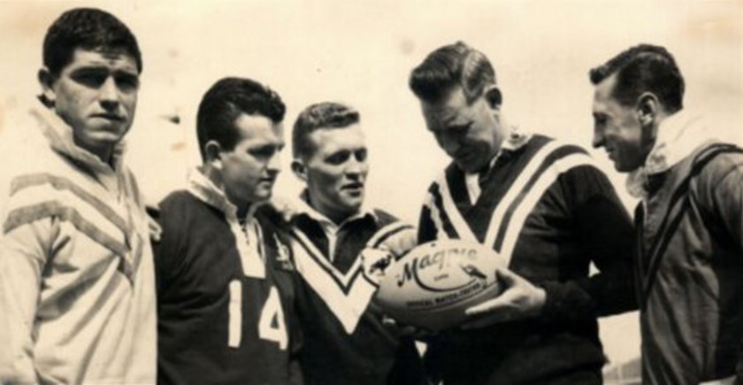 Jim Cody (left), Gil McDougall, Ken Bray, Coach Jack Fitzgerald, John Mowbray (Wests 1962)