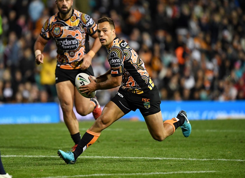 Brooks in action in Wests Tigers 2018 Indigenous Round victory over Cowboys