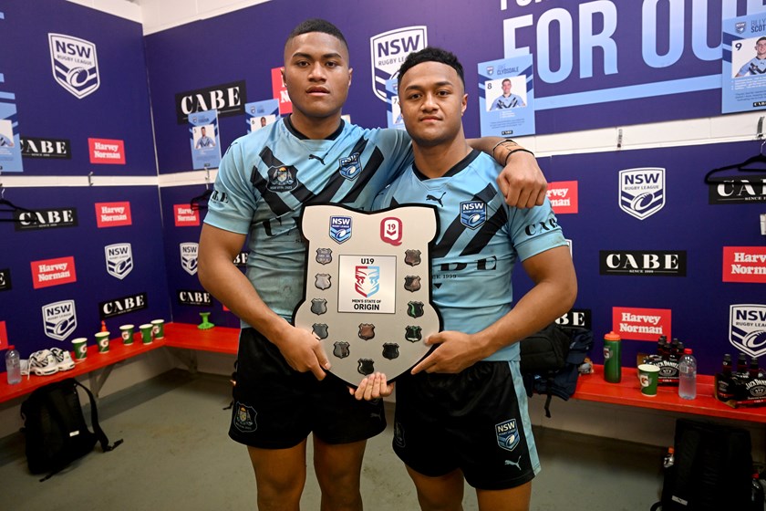 Samuela and Latu Fainu holding U19s State of Origin Shield 