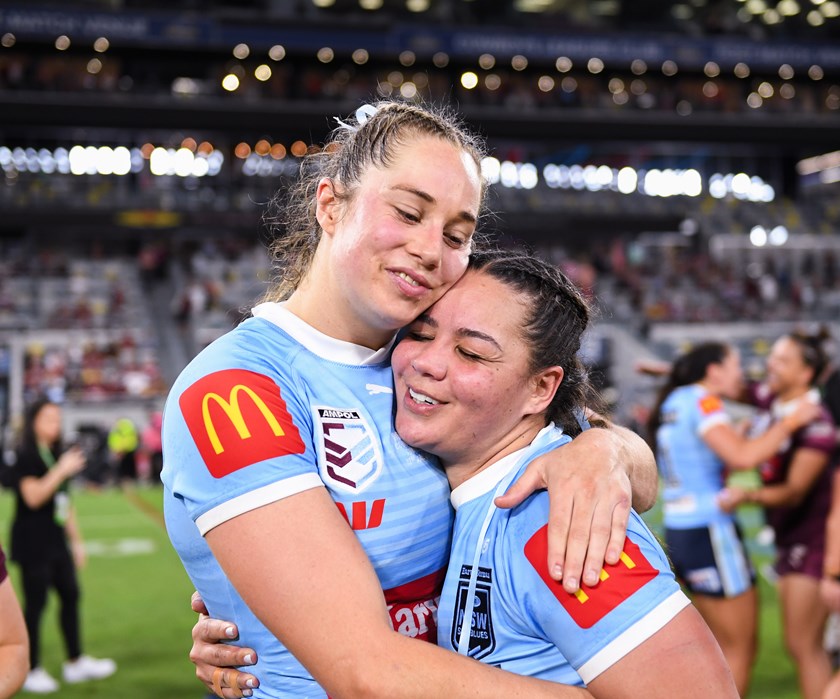 Kezie Apps and NSW teammate Kennedy Cherrington after Origin II win in Townsville