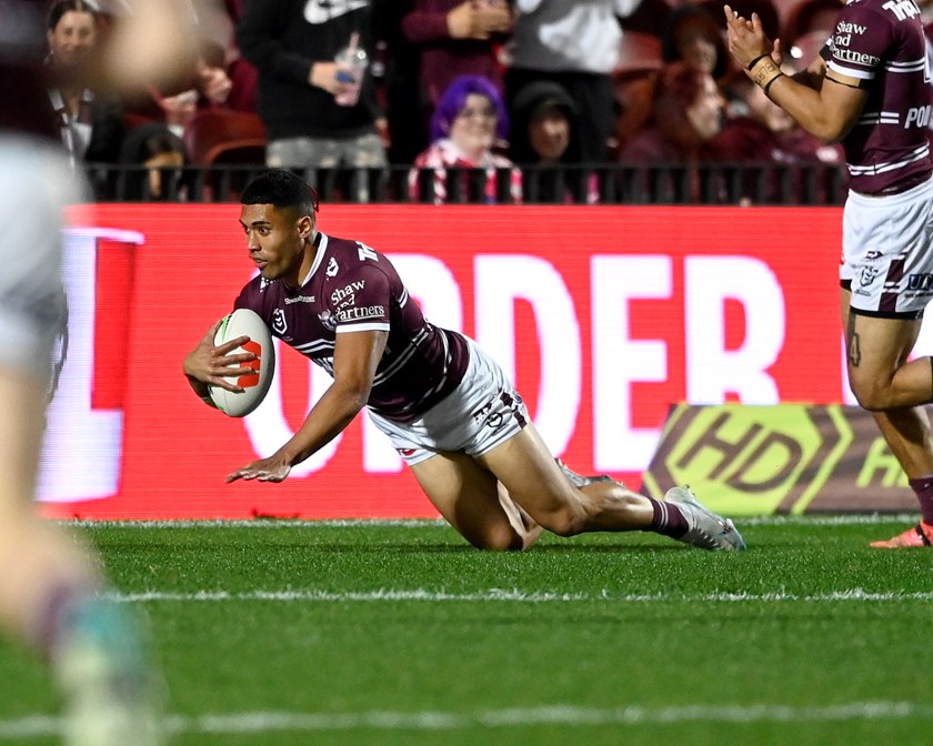 Sydney, Australia. 23rd July, 2023. Tolutau Koula of the Sea Eagles  celebrates a try during the NRL Round 21 match between the  Cronulla-Sutherland Sharks and the Manly Warringah Sea Eagles at PointsBet