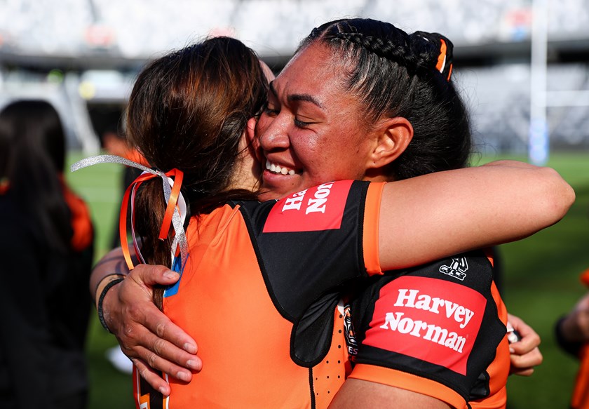 Pauline and Botille Vette-Welsh embrace after Round 1 victory over the Eels