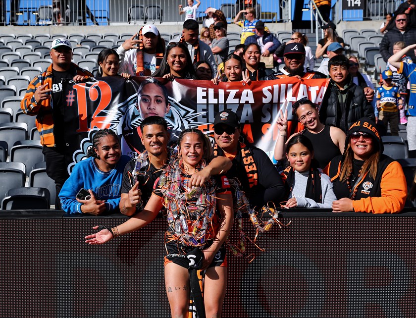 Proud moment: With family and friends after NRLW debut against the Eels 