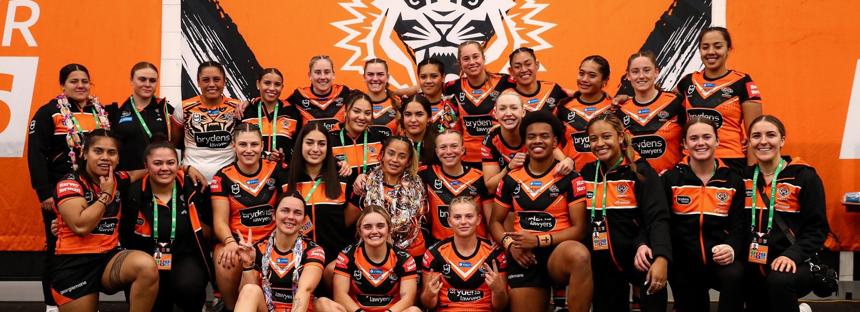 Wests Tigers celebrate victory over the Eels in the club's very first NRLW game