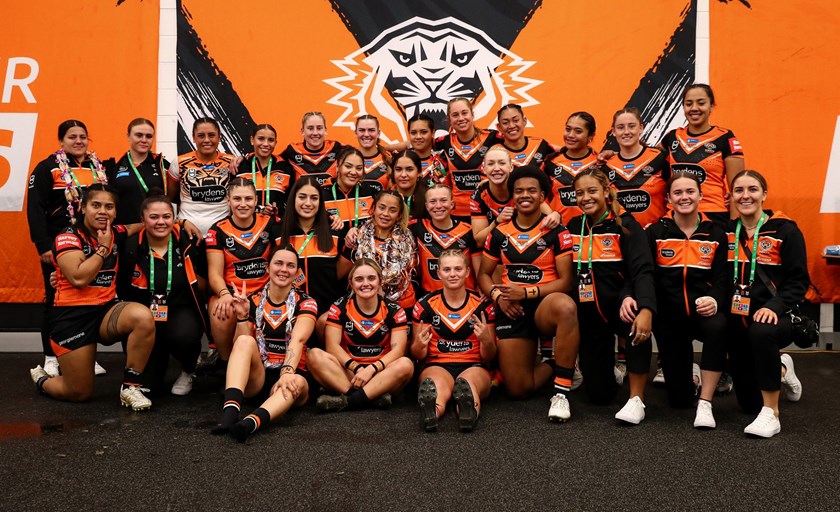 Wests Tigers celebrate victory over the Eels in the club's very first NRLW game