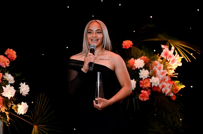 Eliza Siilata accepts Wests Tigers NRLW Rookie of the Year Award