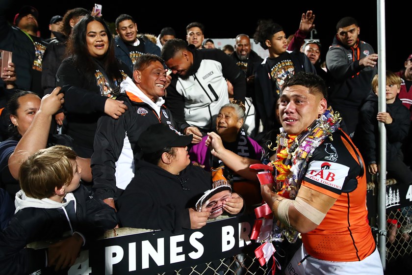 Kit celebrates with family and friends after making his NRL debut in 2023