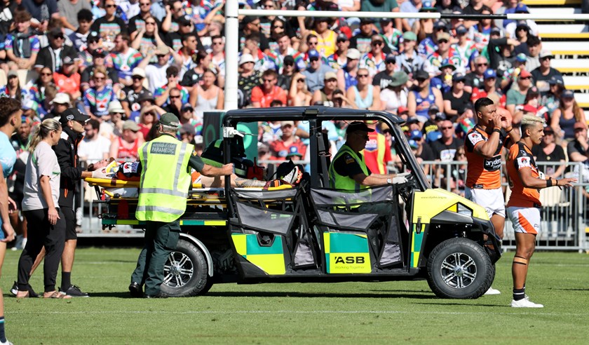 Casey leaves the field and is taken to hospital for scans 