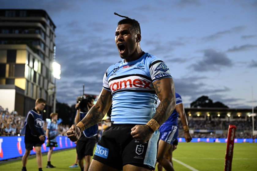 Sione Katoa celebrates after scoring a try against the Bulldogs in Round 2