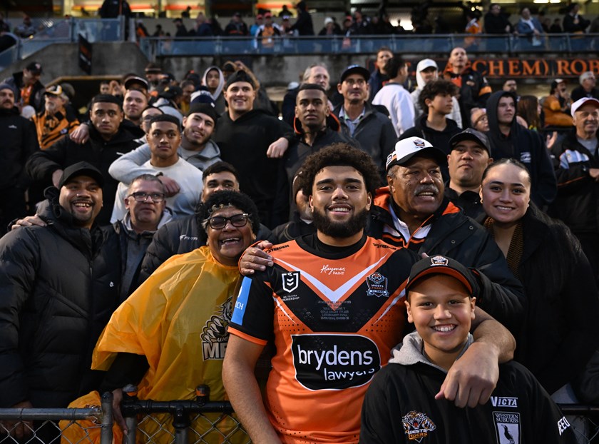 Jordan Miller with family and friends after making his NRL debut in Round 15