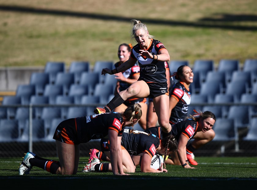 Try celebration against the Raiders in Round 1