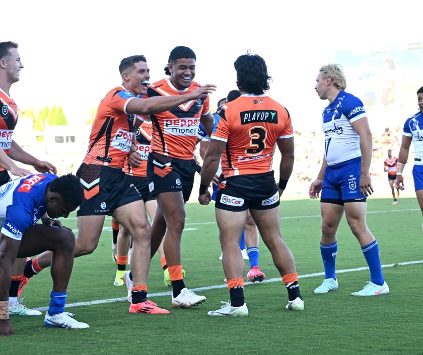 Solomona Faataape celebrates after scoring