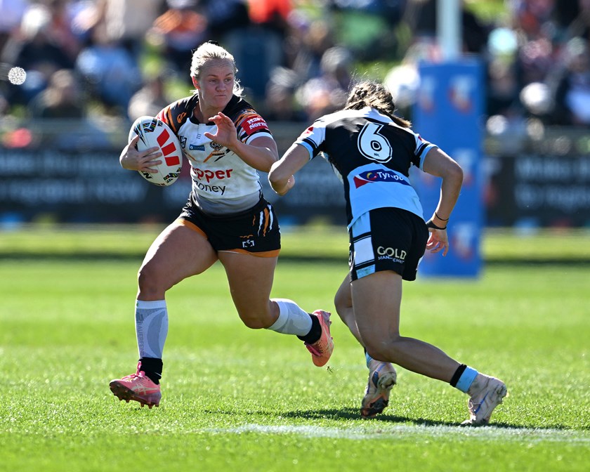 Winger Emily Bass scored two tries in the NRLW Magic Round win over the Sharks in Wagga Wagga