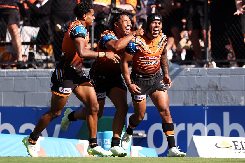 Happy times...Jarome Luai celebrates a try at Leichhardt Oval