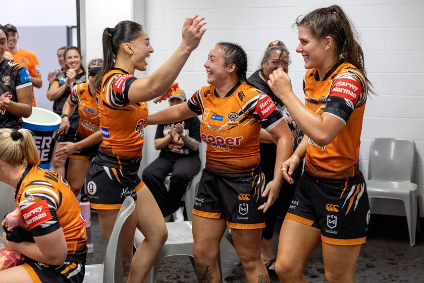 Raecene McGregor celebrates her 50th NRLW game in the win over the Cowboys in Townsville