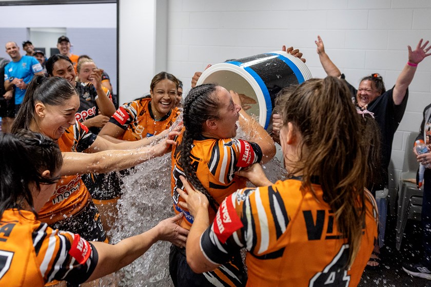 Raecene McGregor cops the traditional ice bucket treatment to celebrate her 50th NRLW game in the win over the Cowboys
