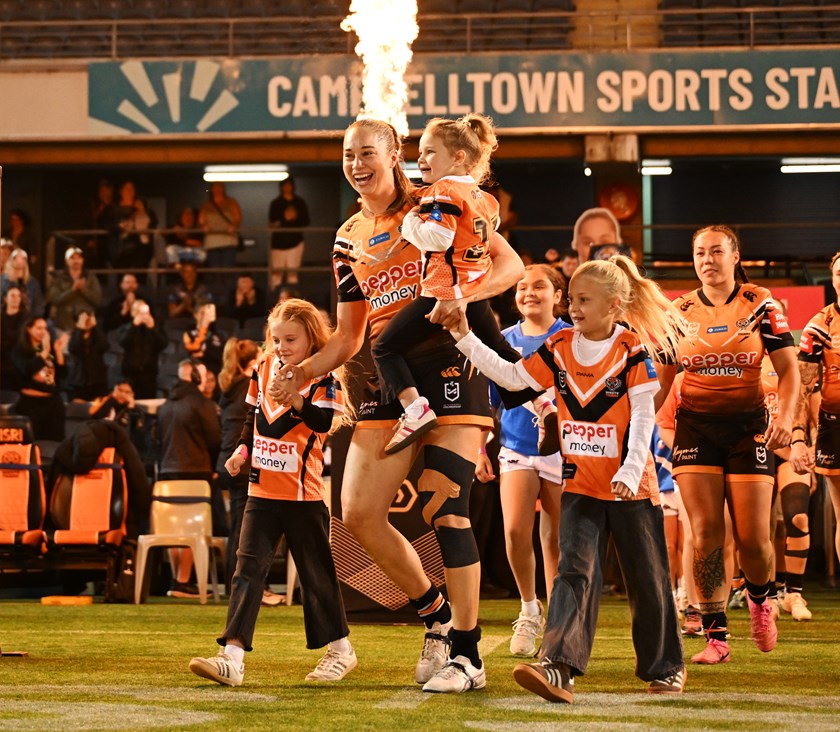 Proud moment...Kezie Apps leads the team out in her 50th NRLW game in her distinguished career