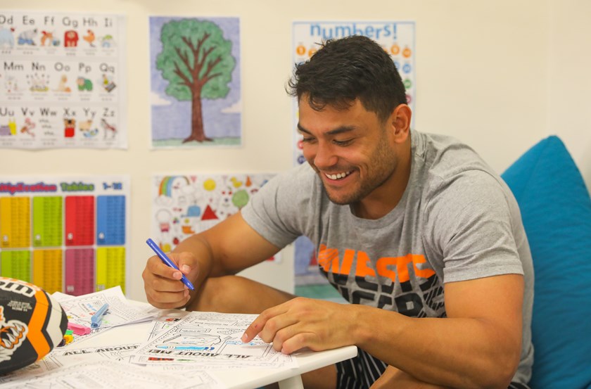 Wests Tigers player David Nofoaluma with his All About Me worksheet